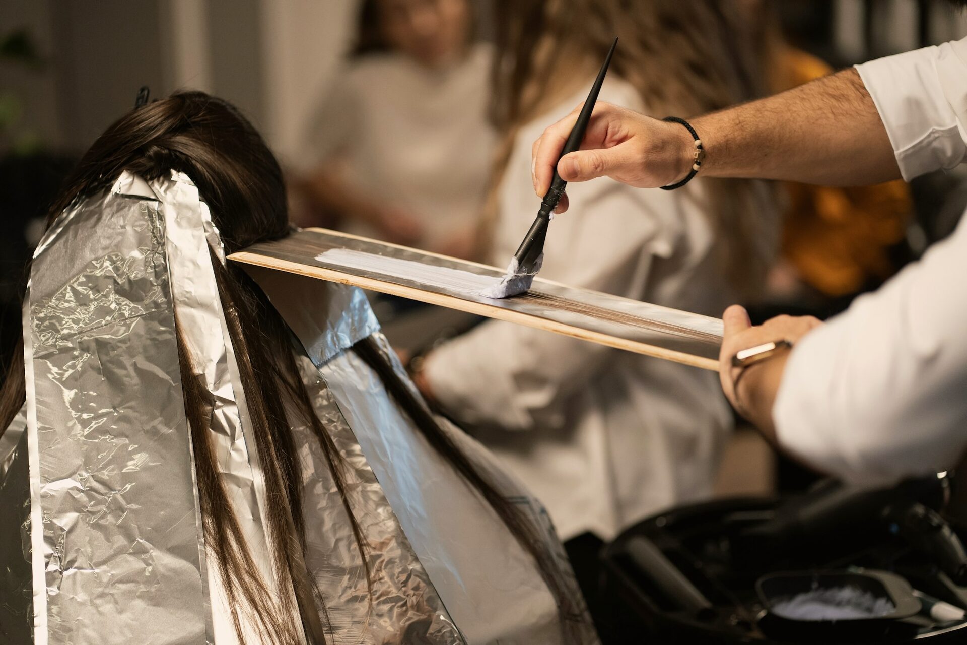 Hair colouring in progress at the studio